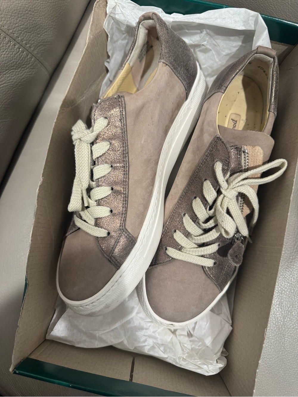 Paul Green Orleans Earth/Truffle Taupe Suede & Metallic Lace-Up Sneakers